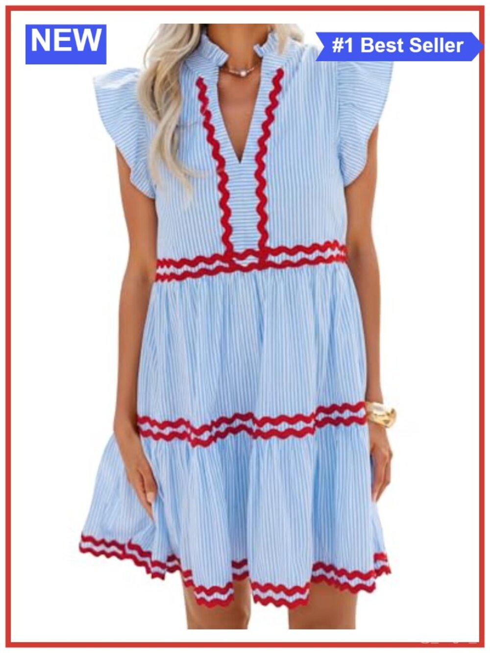 Women's Striped Mini Dress Flutter Sleeve V-Neck A-Line Sundress